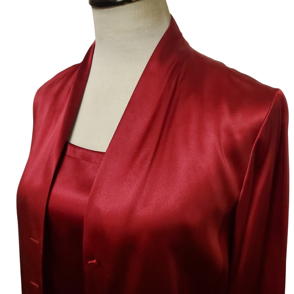 Eileen Fisher Red Silk Satin Jacket & Sleeveless Blouse Set - Sz Medium - Luxury